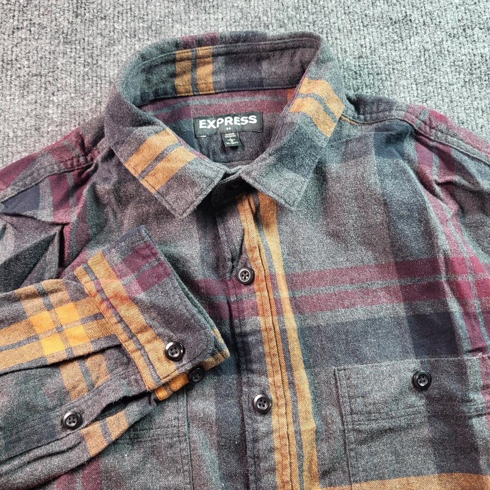 Express Men's Flannel Shirt Long Sleeve Plaid Button Up Casual Cotton Blend